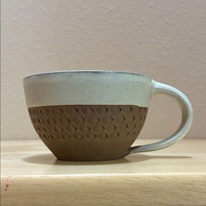 Wide round mug textured bottom half brown creamy tan round handmade